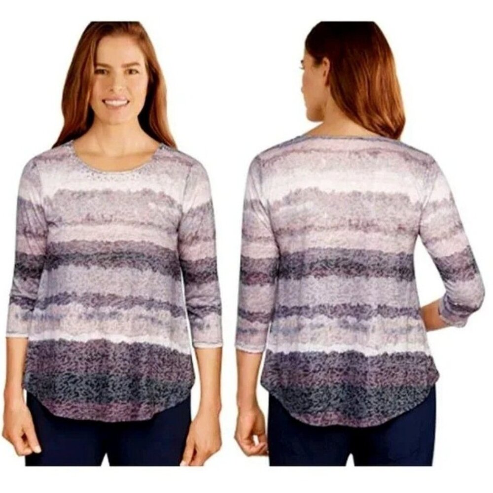 Ruby Rd. Women's Embellished Watercolor Striped Burnout Top Black Multi Size XL